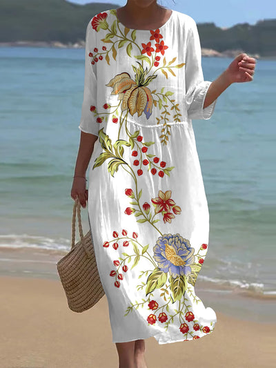 Vintage Floral Art Print Chic Round Neck Three Quarter Sleeves Elegant Midi Dress
