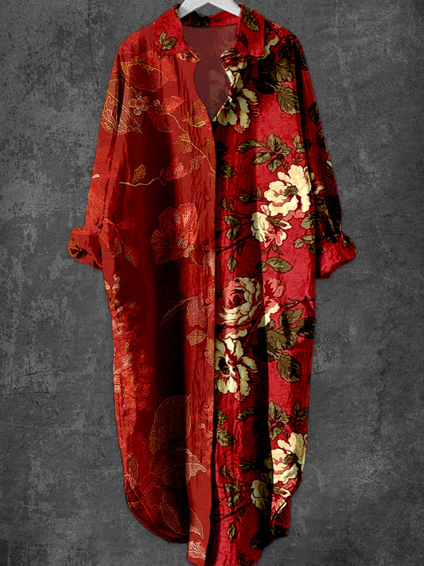 Retro Glam Floral Art Printed Elegant Vintage Lapel Loose Long Sleeve Midi Shirt Dress