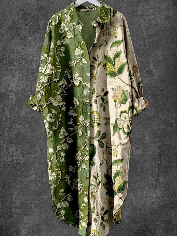 Retro Glam Floral Art Printed Elegant Vintage Lapel Loose Long Sleeve Midi Shirt Dress