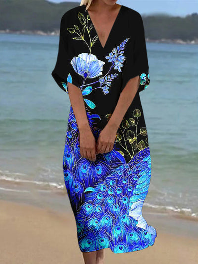 Retro Glam Floral Art Printed V-Neck Elegant Silk Loose Short Sleeves Midi Dress