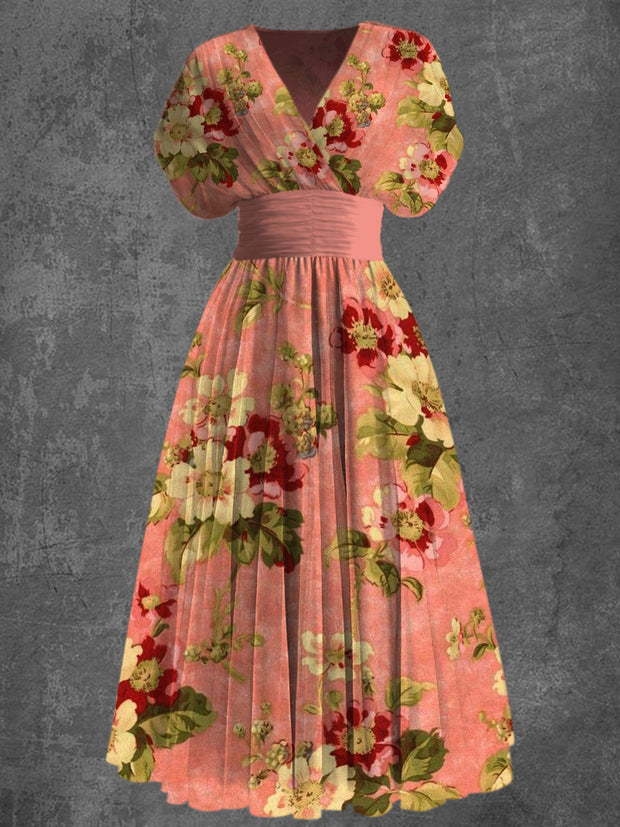 Retro Glam Floral Art Printed Elegant V-Neck Vintage Chic Short Sleeve Maxi Dress