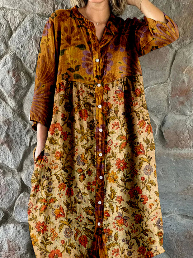 Retro Glam Floral Art Print Vintage Chic V-Neck Button Up Long Sleeve Midi Dress