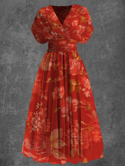 Retro Glam Floral Art Printed Elegant V-Neck Vintage Chic Short Sleeve Maxi Dress