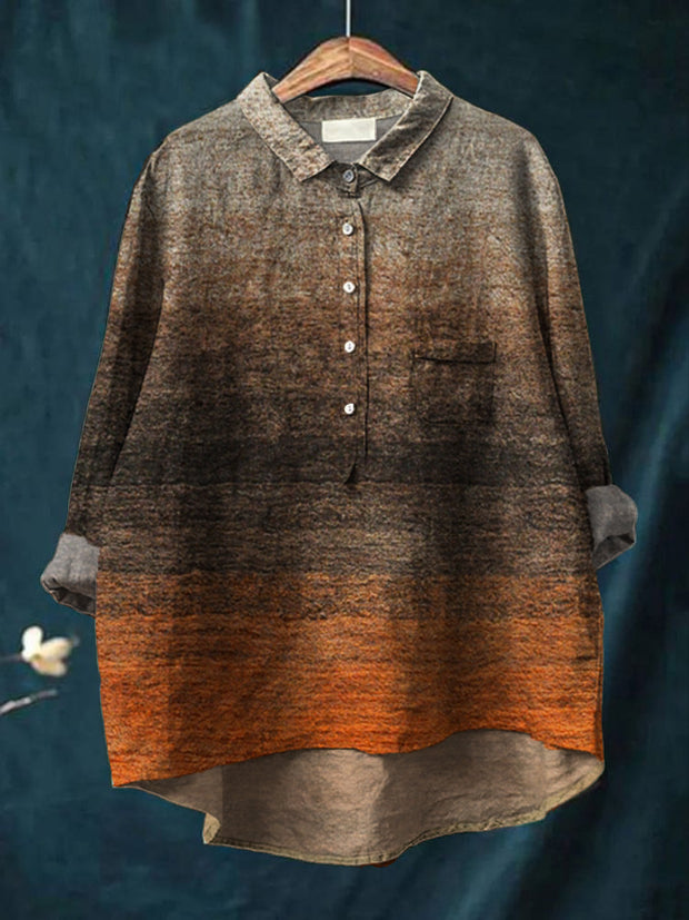 Women's Vintage Art Print Casual Cotton Linen Round Neck Button Pocket Midi Sleeve Shirt Top