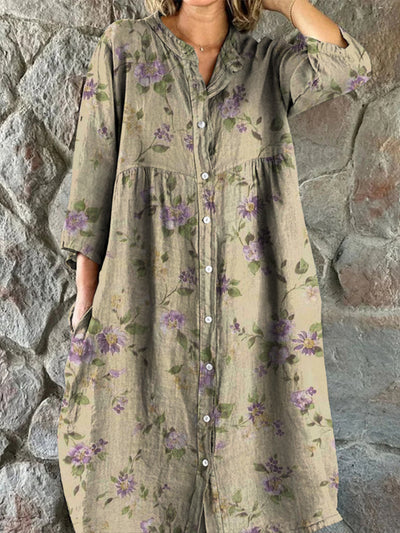 Retro Glam Floral Art Print Vintage Chic V-Neck Button Up Long Sleeve Midi Dress