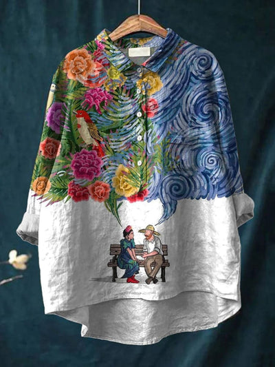 Retro Floral Art Printed Round Neck Button Pocket Linen Mid Long Sleeve Shirt
