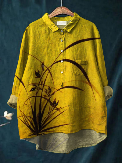 Women's Vintage Floral Art Print Casual Cotton Linen Round Neck Button Pocket Midi Sleeve Shirt Top