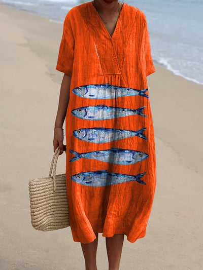 Retro Fish Print V-Neck Elegant Chic Loose Short Sleeve Midi Dress