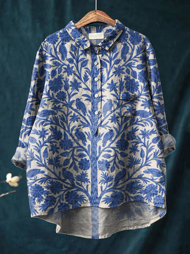 Women's Retro Floral Art Print Casual Cotton Linen Round Neck Button Pocket Midi Sleeve Shirt Top