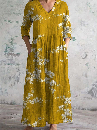 Retro Floral Art Print Chic V-Neck Three-Quarter Sleeve Elegant Midi Dress