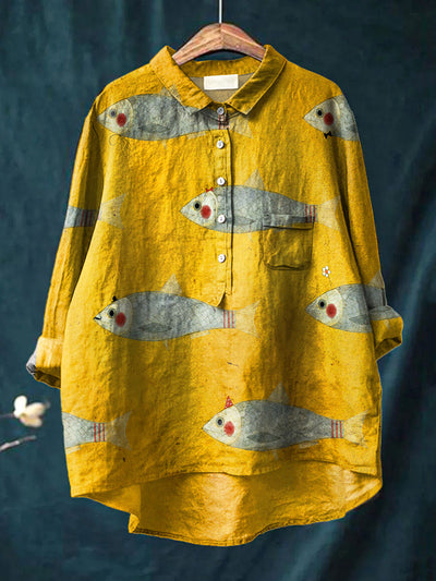 Women's Retro Fish Art Print Casual Cotton Linen Round Neck Button Pocket Midi Sleeve Shirt Top