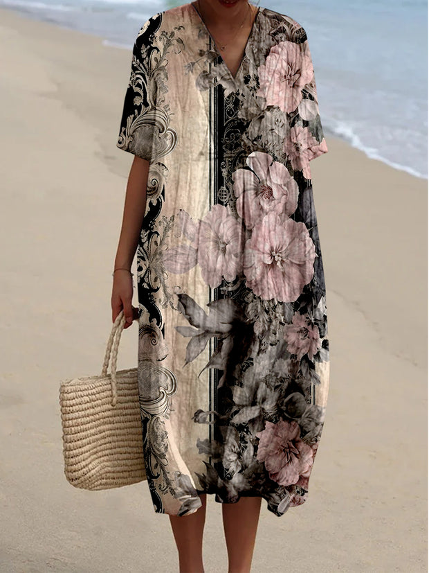 Retro Floral Art Printed V-Neck Elegant Chic Loose Short Sleeve Midi Dress