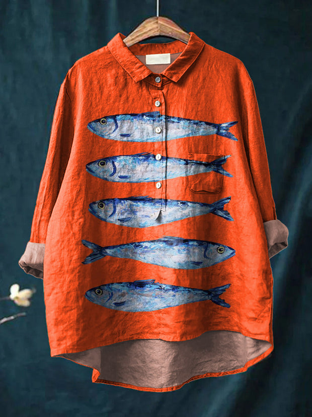Women's Retro Fish Art Print Casual Cotton Linen Round Neck Button Pocket Midi Sleeve Shirt Top