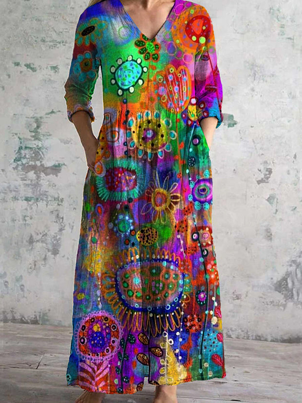 Retro Abstract Art Print Chic V Neck Three-Quarter Sleeve Elegant Midi Dress