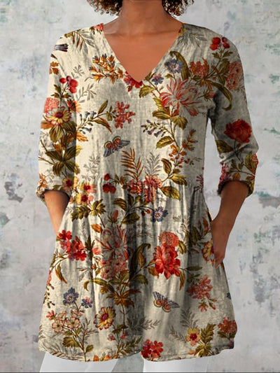 Women's Retro Floral Art Print Casual V-Neck Three-Quarter Sleeve Elegant Cotton Linen Top