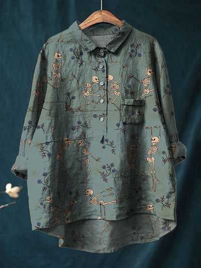 Retro Floral Art Printed Round Neck Button Pocket Linen Mid Long Sleeve Shirt
