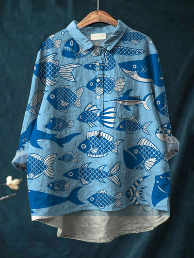 Women's Vintage Fish Art Print Casual Cotton Linen Round Neck Button Pocket Mid-Length Sleeve Shirt Top