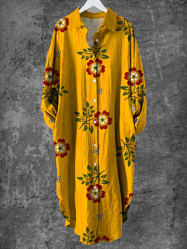 Vintage Floral Art Print Chic Long Sleeve Casual V-Neck Button Loose Shirt Dress