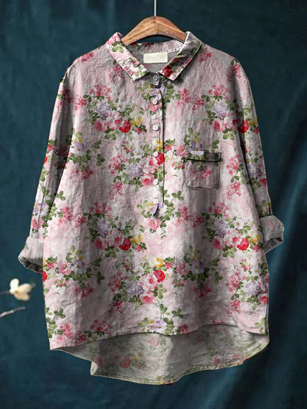 Women's Vintage Floral Art Print Casual Cotton And Linen Round Neck Button Pocket Midi Long Sleeve Shirt Top
