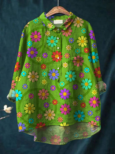 Women's Vintage Hippie Art Print Casual Cotton And Linen Round Neck Button Pocket Midi Long Sleeve Shirt Top
