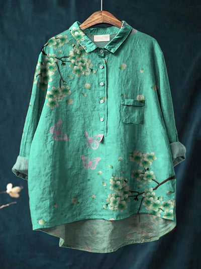 Women's Vintage Floral Art Print Casual Cotton Linen Round Neck Button Pocket Mid-Length Sleeve Shirt Top