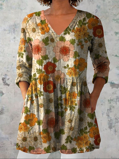 Women's Vintage Floral Art Print Casual V-Neck Three-Quarter Sleeve Elegant Cotton And Linen Top