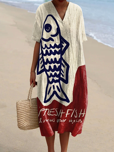Vintage Fish Art Print V-Neck Elegant Chic Loose Short Sleeve Midi Dress