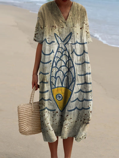 Vintage Fish Art Print V-Neck Elegant Chic Loose Short Sleeve Midi Dress