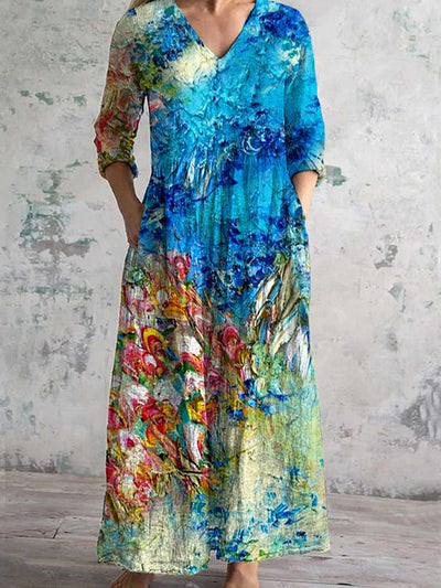 Vintage Abstract Art Print Chic V-Neck Three-Quarter Sleeve Elegant Midi Dress
