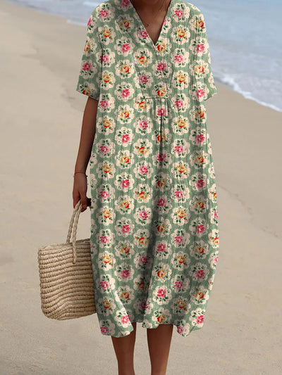 Vintage Floral Print V-Neck Elegant Chic Loose Short Sleeve Midi Dress
