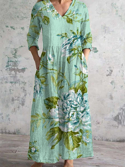 Vintage Floral Art Print Chic V-Neck Three-Quarter Sleeve Elegant Midi Dress