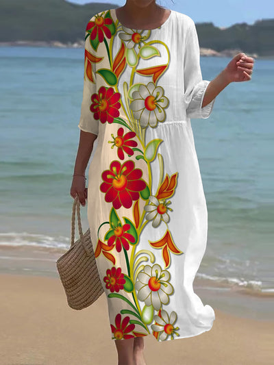 Vintage Floral Art Print Chic Round Neck Three-Quarter Sleeve Elegant Midi Dress