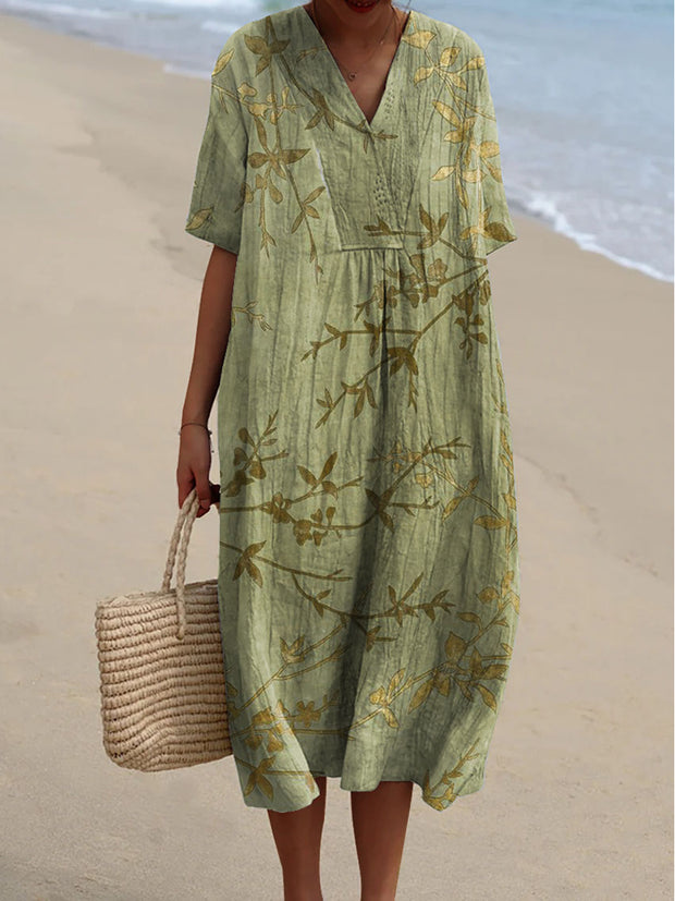 Elegant And Chic Loose Short-Sleeved Midi Dress With Vintage Floral Print V-Neck