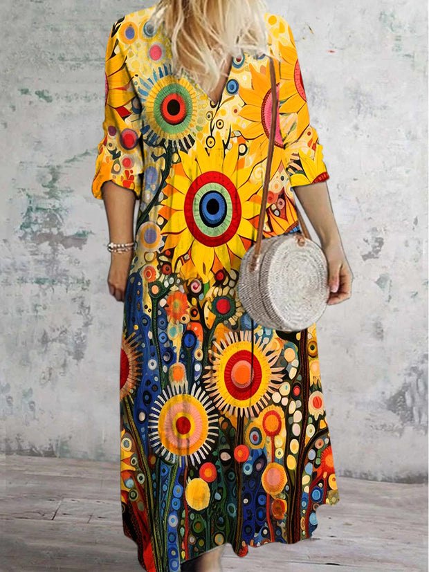 Glam Boho Floral Art Printed V-Neck Vintage Elegant Long Sleeve Midi Dress