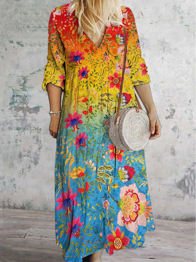 Glam Boho Floral Art Printed V-Neck Vintage Elegant Long Sleeve Midi Dress