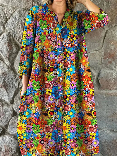Glam Floral Art Print Vintage Chic V-Neck Button Up Long Sleeve Midi Dress