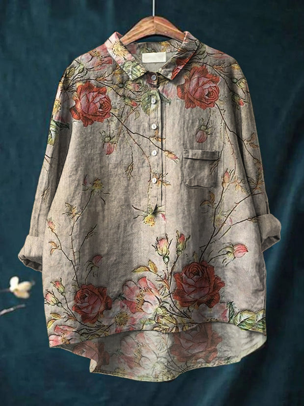 Women's Retro Floral Art Print Casual Cotton Linen Round Neck Button Pocket Mid Long Sleeve Shirt Top
