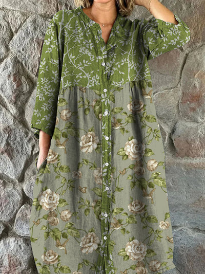 Glam Floral Art Print Vintage Chic V-Neck Button Up Long Sleeve Midi Dress