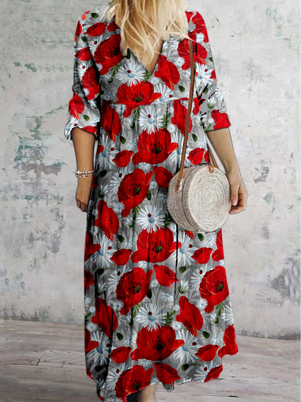 Retro Boho Floral Art Printed V-Neck Vintage Elegant Long Sleeve Midi Dress