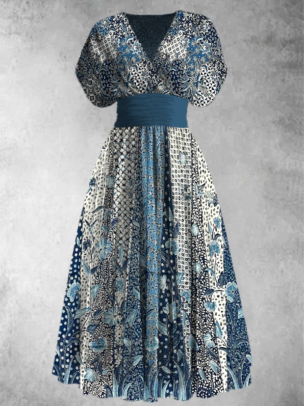 Retro Floral Art Printed Elegant V-Neck Vintage Chic Short Sleeve Maxi Dress
