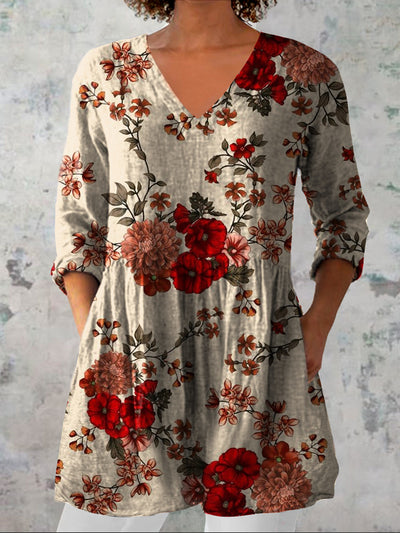 Women's Vintage Floral Art Print Casual V-Neck Three-Quarter Sleeve Elegant Cotton Linen Top