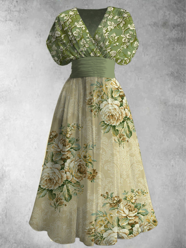 Retro Floral Art Printed Elegant V-Neck Vintage Chic Short Sleeve Maxi Dress