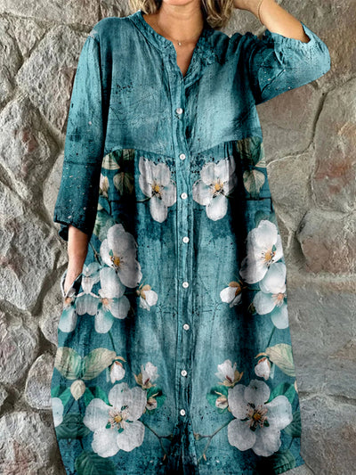 Retro Floral Art Print Vintage Chic V-Neck Button Up Long Sleeve Midi Dress