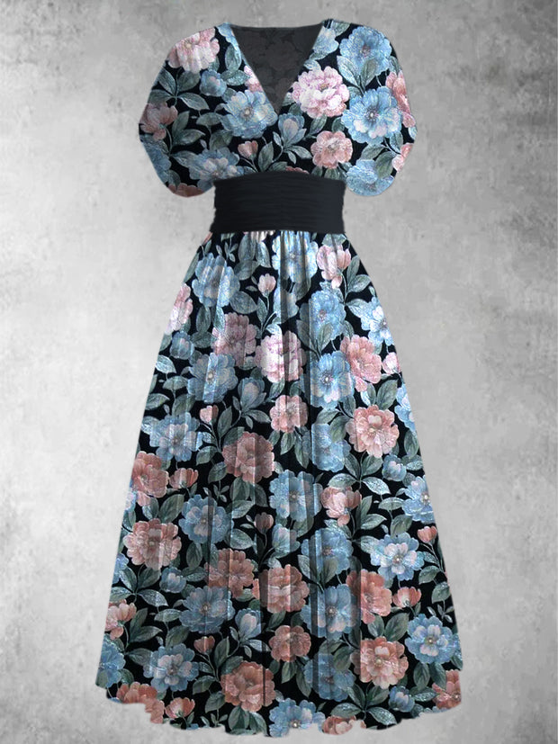 Retro Boho Floral Art Printed Elegant V-Neck Vintage Chic Short Sleeve Maxi Dress