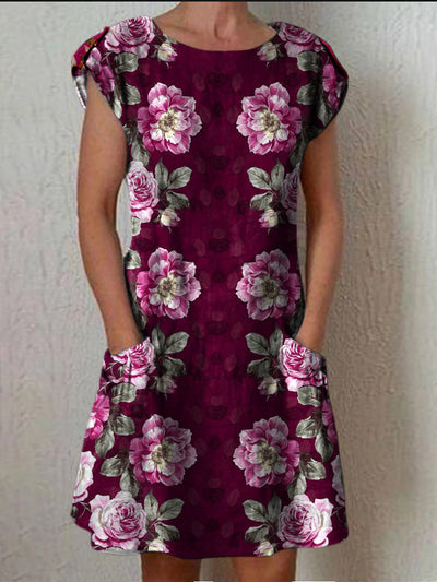 Retro Floral Art Printed Vintage Fold Short Sleeve Leisure Pocket Midi Dress