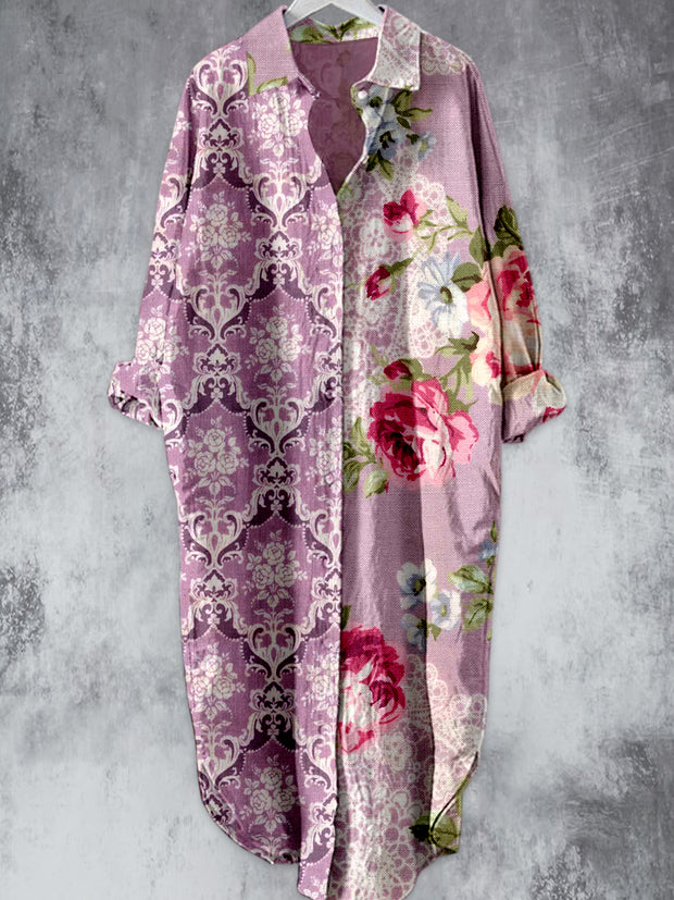 Retro Floral Art Printed Elegant Vintage Lapel Loose Long Sleeve Midi Shirt Dress