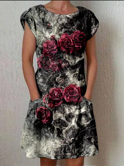 Retro Floral Art Printed Vintage Fold Short Sleeve Leisure Pocket Midi Dress