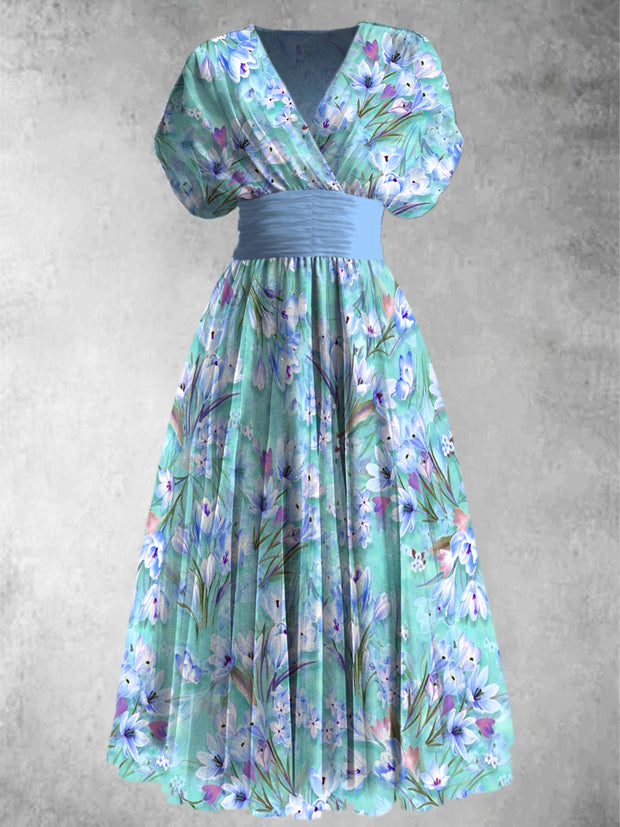 Retro Boho Floral Art Printed Elegant V-Neck Vintage Chic Short Sleeve Maxi Dress