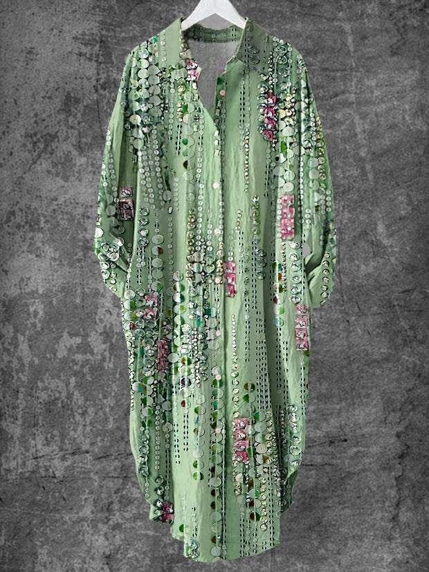 Vintage Art Print Chic Long Sleeve Casual V-Neck Button Loose Shirt Dress