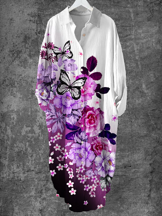 Vintage Floral Butterfly Art Print Chic Long Sleeve Casual V-Neck Button Loose Shirt Dress